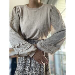 Adrianna Papell Lace Sleeve Crew Neck Sweater Cream Large L